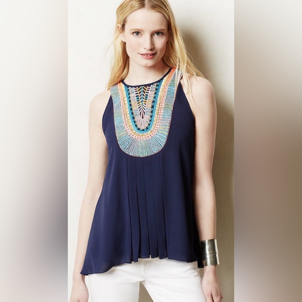 Anthropologie Ranna Gill Navy Sleeveless Top with Multicolor Embroidery M